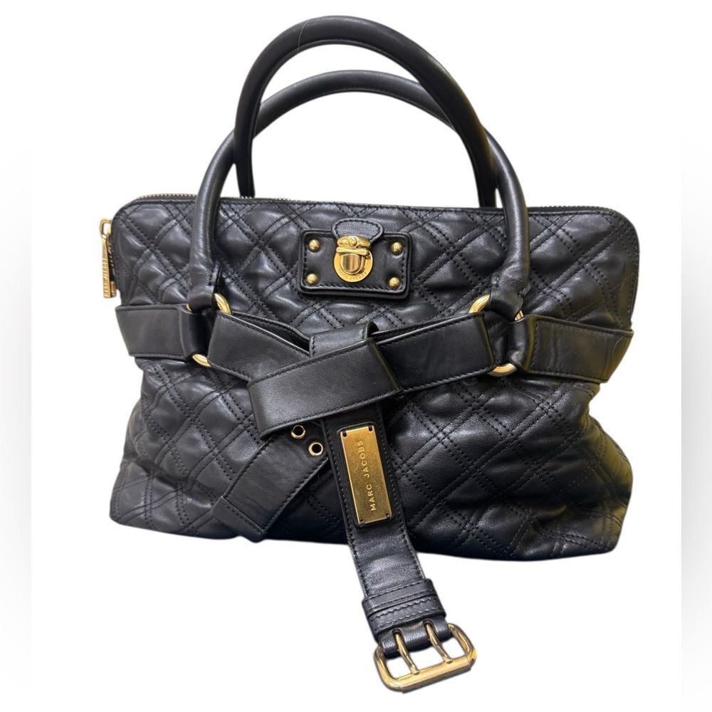 Marc Jacobs Collection Quilted Black Leather Belted Bruna Handbag Auth